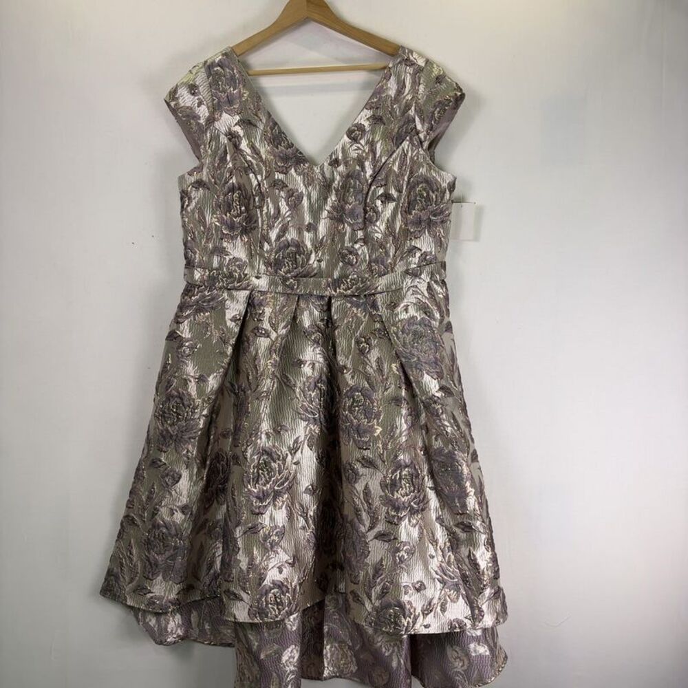 Oleg Cassini Metallic Floral High-Low Party Dress in Silver and Lilac